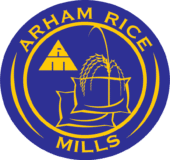 Blue and gold circular logo of Arham Rice Mills featuring a rice sack and wheat stalk emblem.