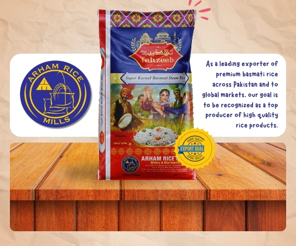 Jehzeeb Super Kernel Basmati Rice 5kg bag by Arham Rice Mills with export quality badge displayed on wooden table.