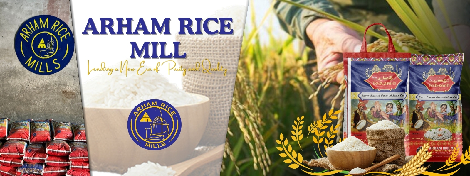 Arham Rice Mill promotional banner featuring basmati rice bowl, Tehzeeb rice packaging, paddy field, and company logo.