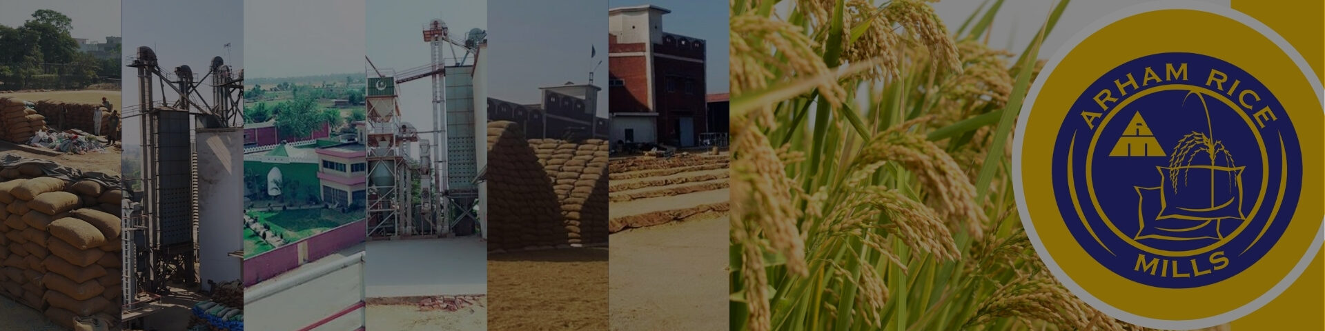 Arham Rice Mills banner showing rice silos, stacked rice bags, paddy fields, and company logo.