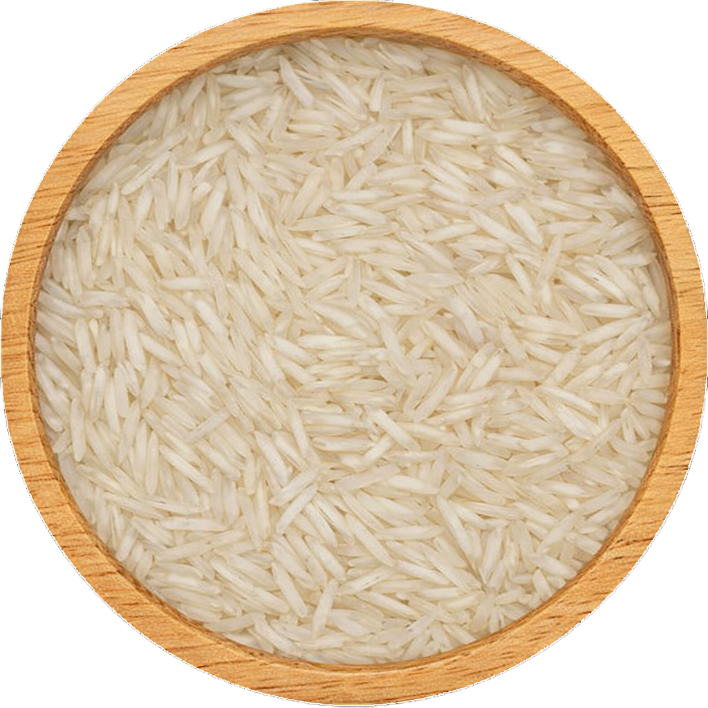 Top view of long grain basmati rice in a round wooden bowl on a plain background