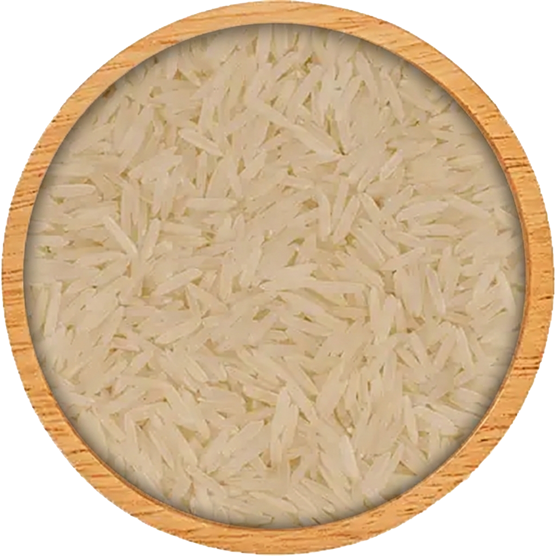 Top view of long grain white rice in a round wooden bowl isolated on a plain background
