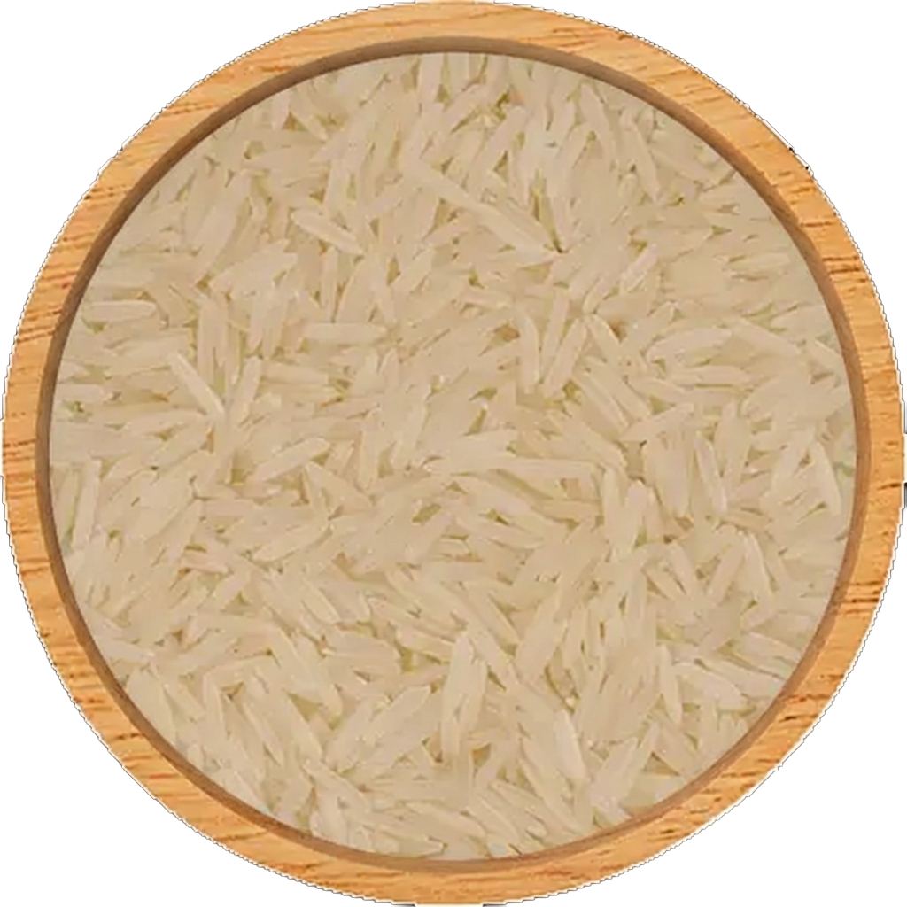 Top view of long grain basmati rice in a wooden bowl showing fine texture and grain quality