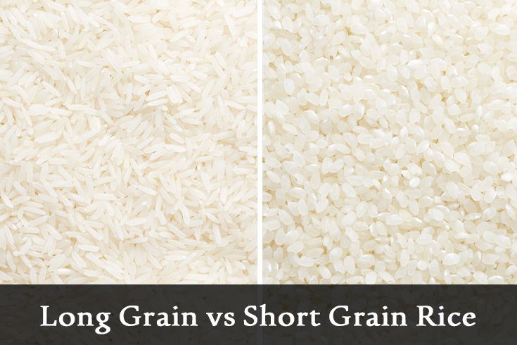 Side-by-side comparison of long grain rice and short grain rice showing differences in shape and size