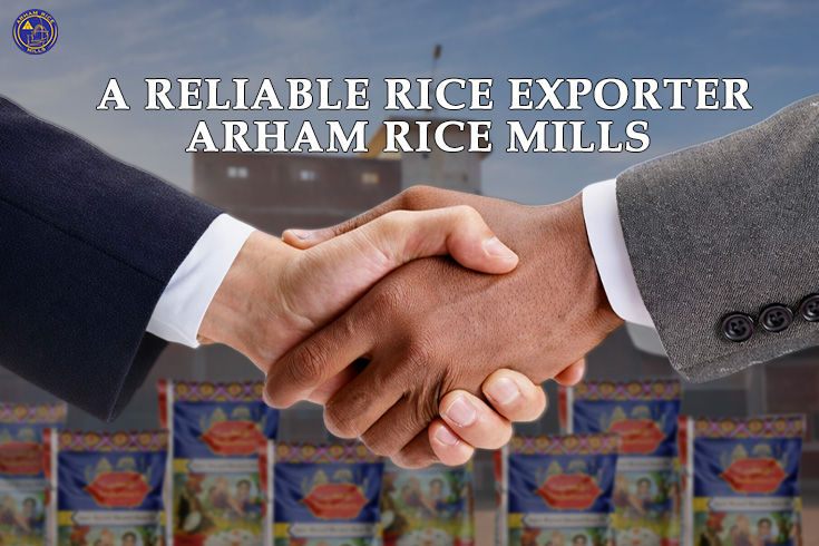 Business handshake between two professionals symbolizing partnership in rice export with packaged rice products in background