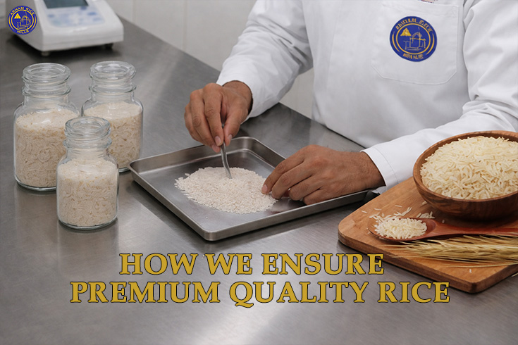 Quality inspection of rice grains by a professional in a lab setting with jars and samples on a table