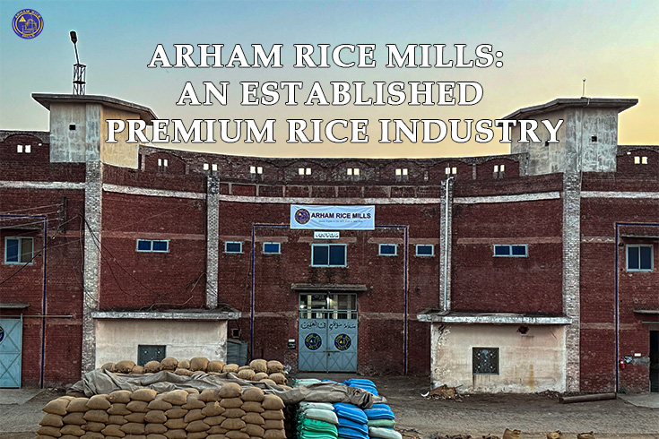 Exterior of Arham Rice Mills building with stacked rice sacks in front, representing a premium rice production facility