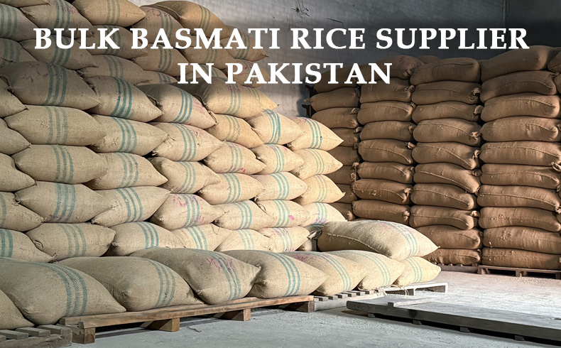 Stacks of burlap sacks filled with basmati rice arranged on pallets inside a warehouse