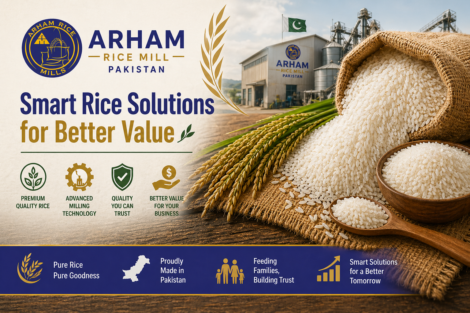 Arham Rice Mill Pakistan premium rice with advanced milling technology showcasing clean, high-quality grains and better value solutions