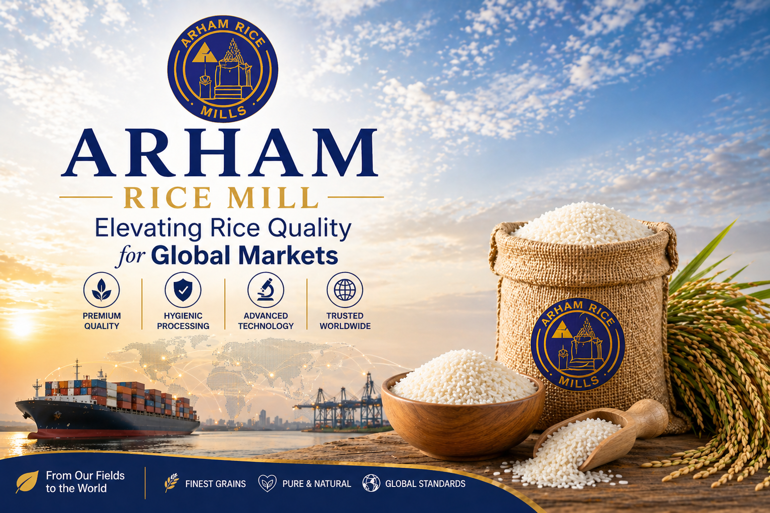 Arham Rice Mill premium rice export showcasing high quality grains, advanced processing, and global rice supply from Pakistan