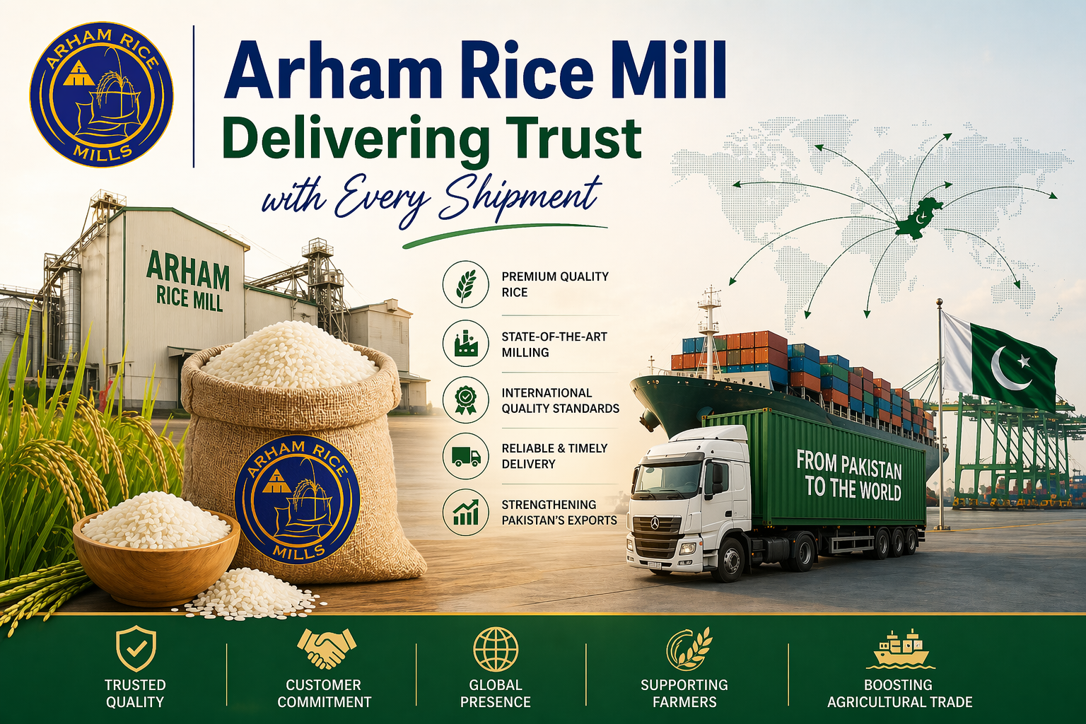 Arham Rice Mill delivering trust with every shipment through premium rice export, quality processing, and global logistics