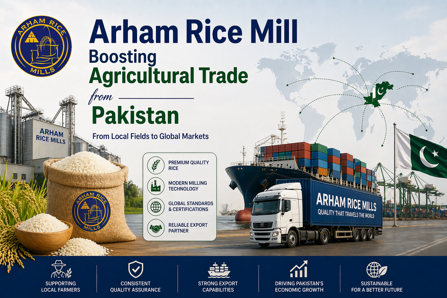 Arham Rice Mill boosting agricultural trade from Pakistan through rice export, global shipping, and modern processing