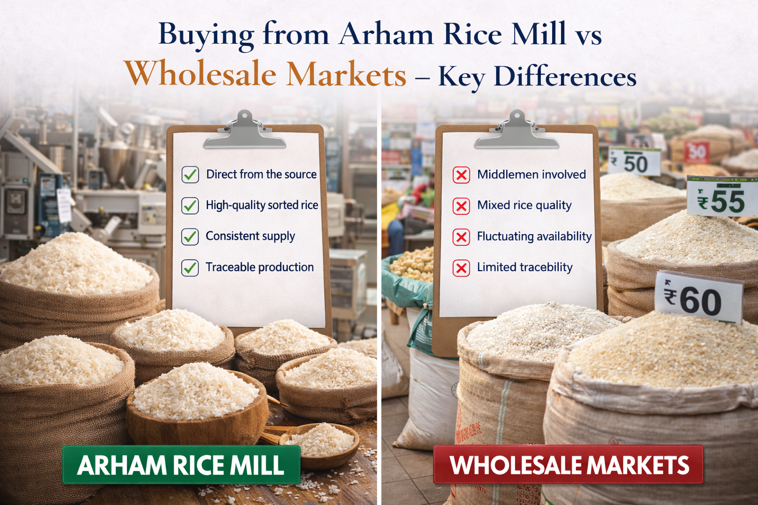 Arham Rice Mill vs wholesale markets comparison showing quality, supply consistency, and middlemen differences
