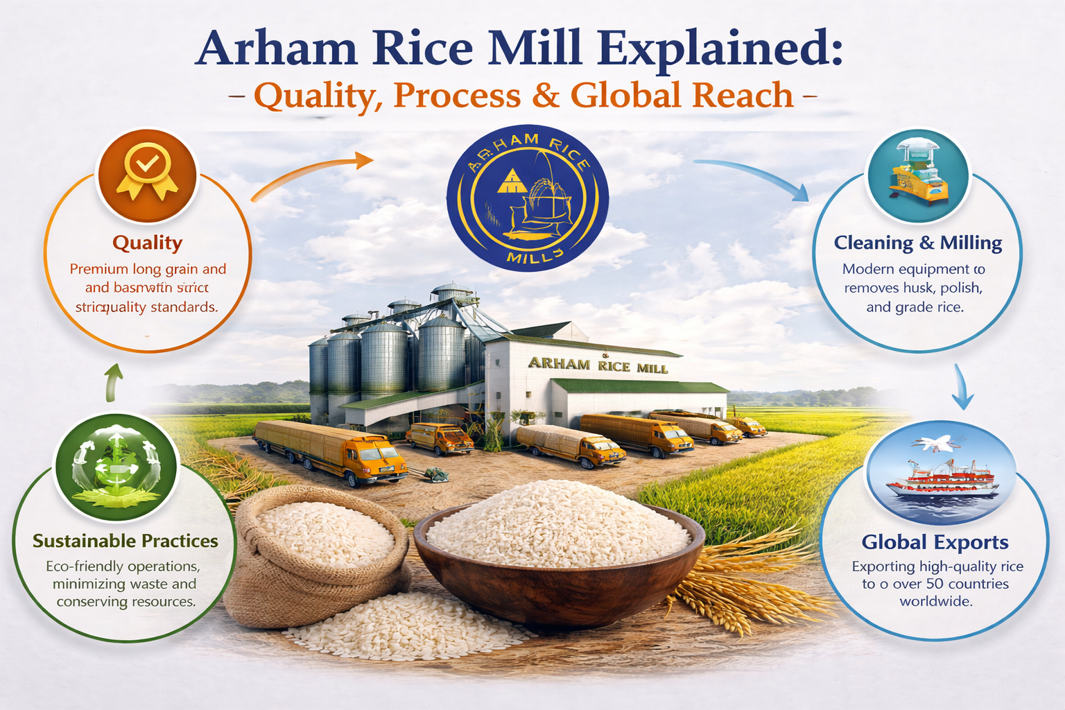 Arham Rice Mill infographic showing rice quality, processing steps, global exports, and sustainable practices