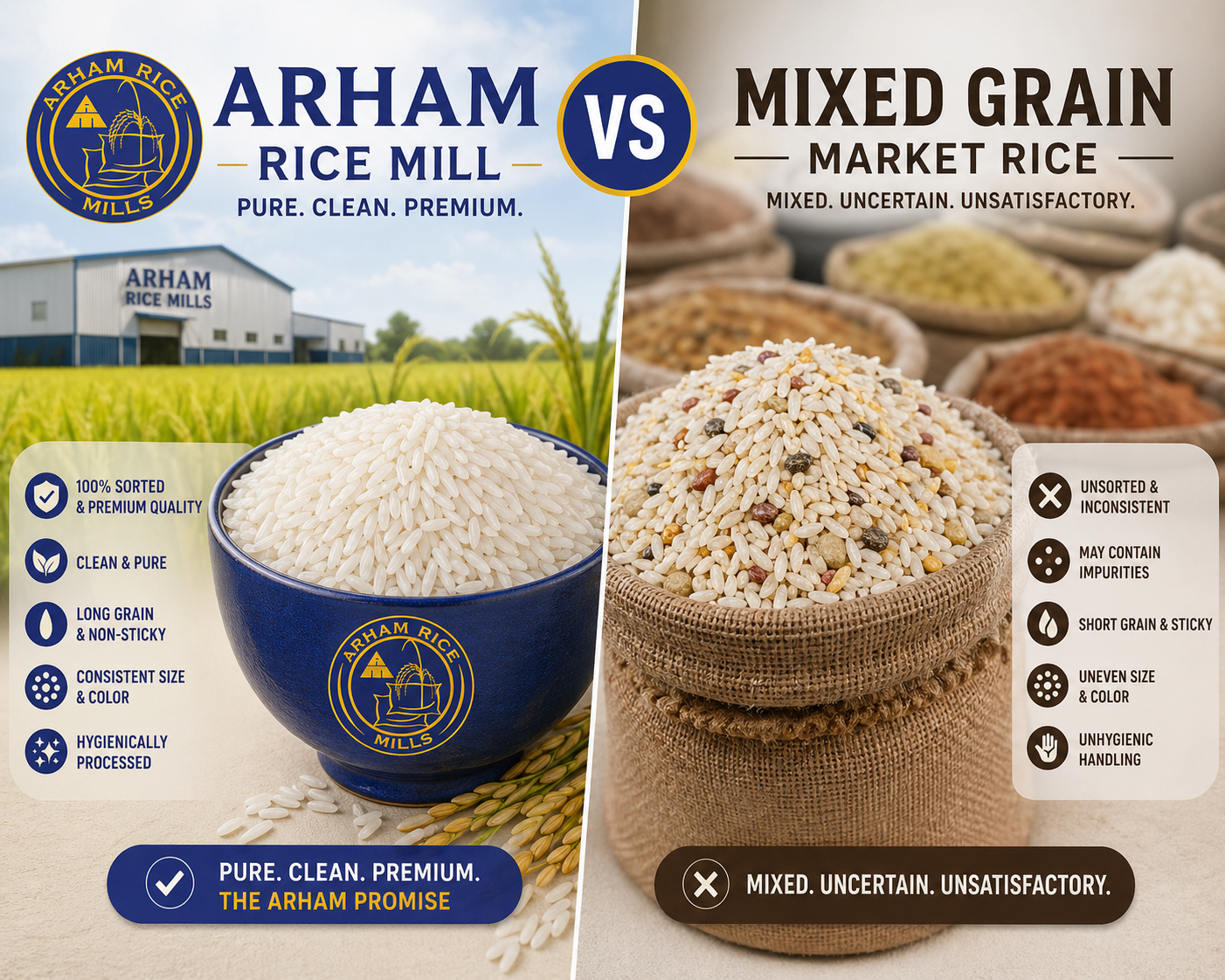 Arham Rice Mill premium rice vs mixed grain market rice showing clean, sorted long grains compared to mixed, uneven grains with impurities