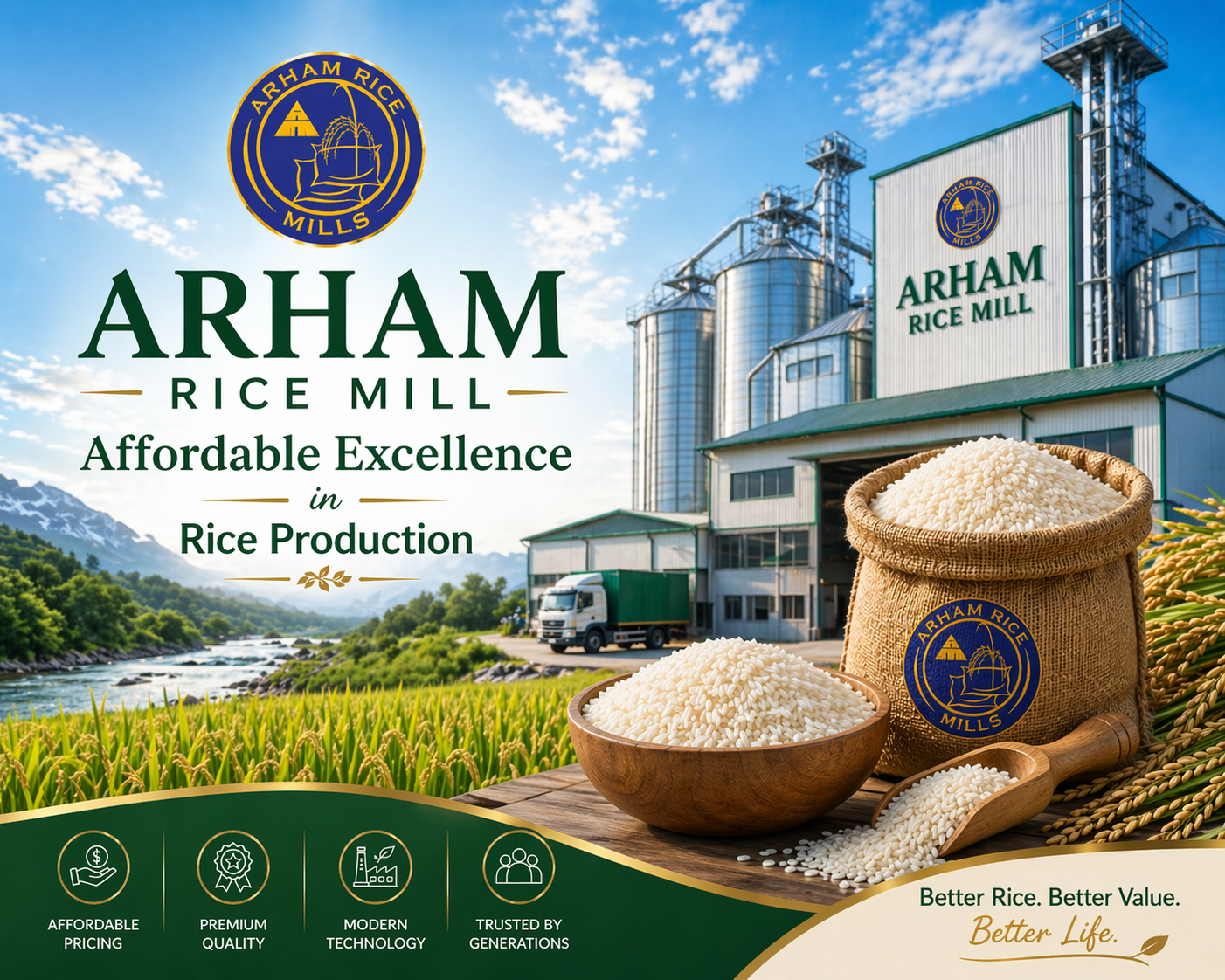 Arham Rice Mill affordable excellence in rice production with premium rice, modern milling facility, and farm-fresh quality in Pakistan