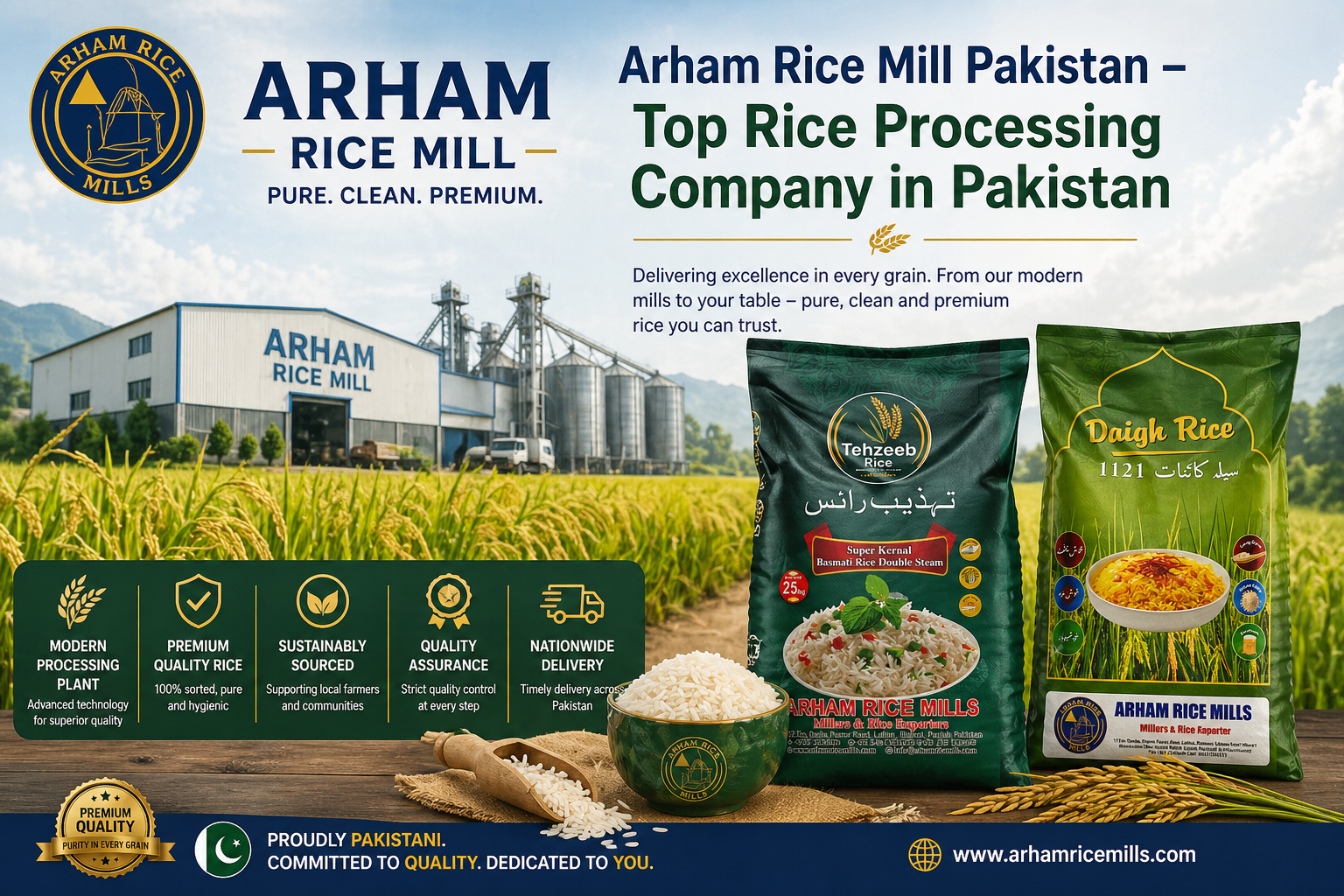 Arham Rice Mill Pakistan modern rice processing plant with premium rice packaging showcasing advanced milling, quality assurance, and nationwide delivery