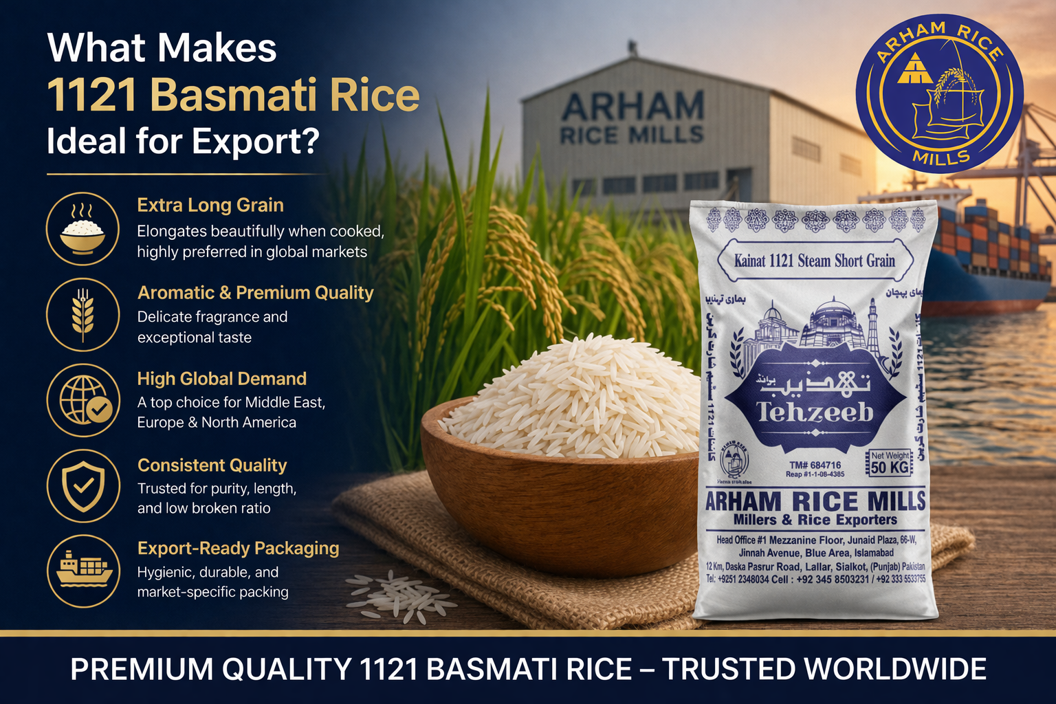 1121 basmati rice export quality long grain rice arham rice mill packaging
