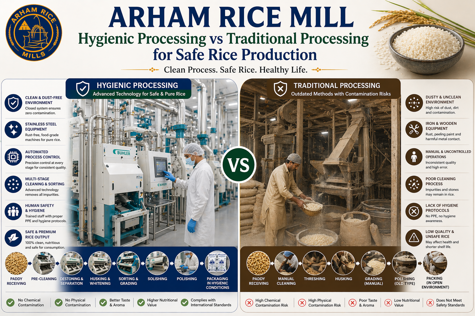 Arham Rice Mill hygienic processing vs traditional rice processing comparison showing clean modern facility and manual methods