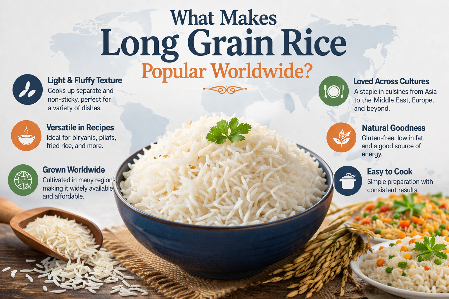 Long grain rice infographic showing fluffy texture, global use, easy cooking, and health benefits