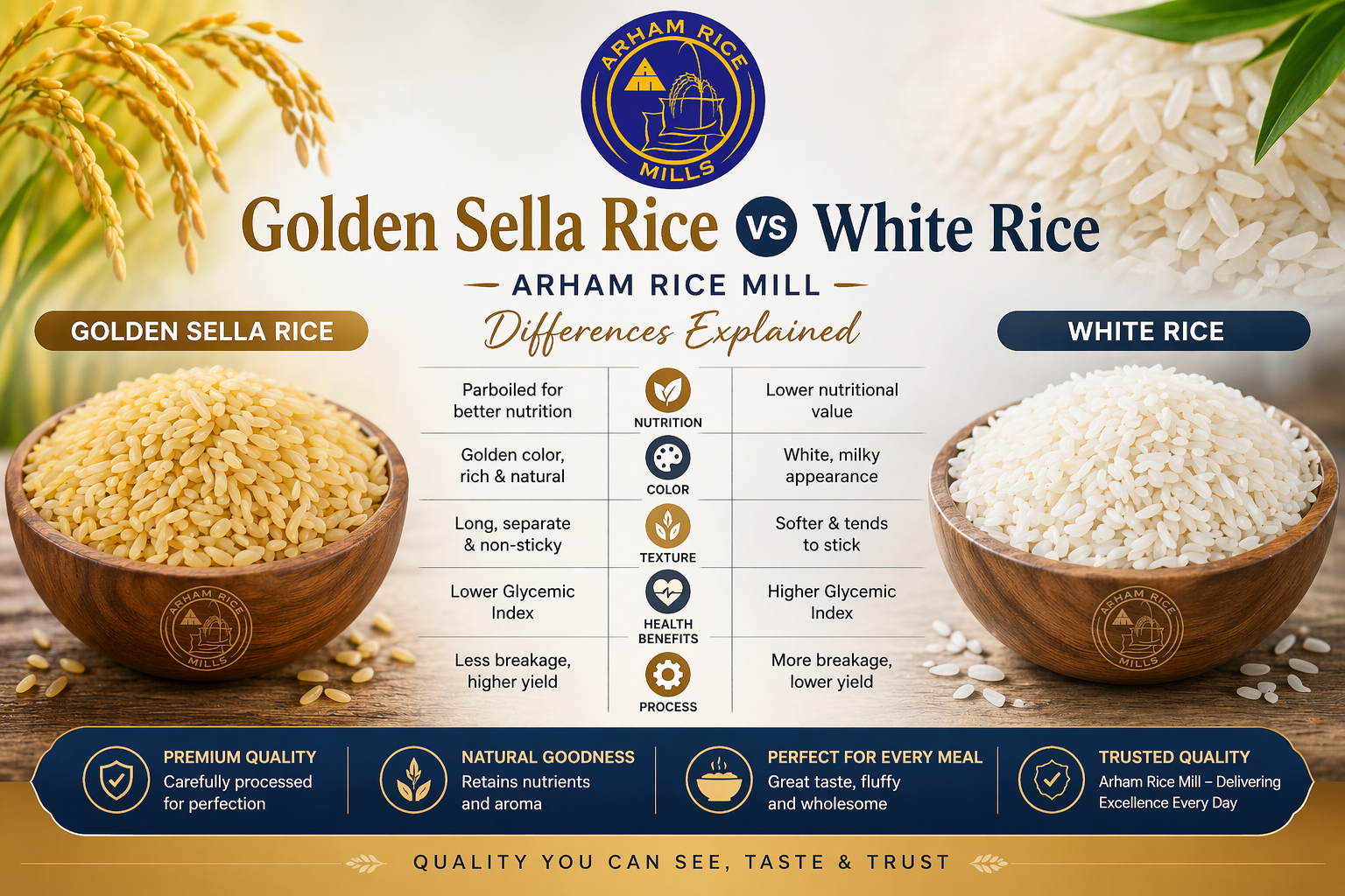 Golden sella rice vs white rice comparison infographic showing nutrition, texture, color, and cooking differences