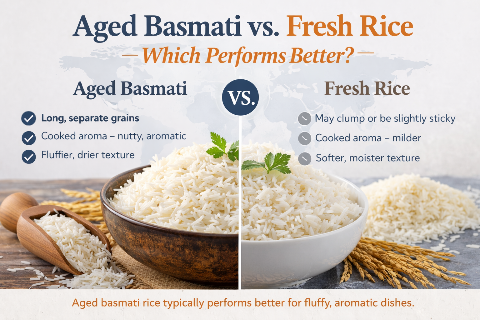 Aged basmati vs fresh rice comparison infographic showing texture, aroma, and cooking differences