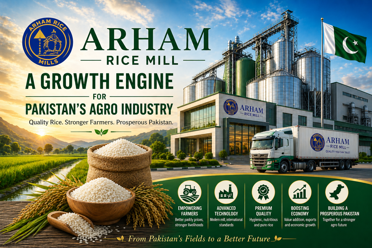 Arham Rice Mill modern facility in Pakistan showcasing rice production, export logistics, and contribution to agricultural growth