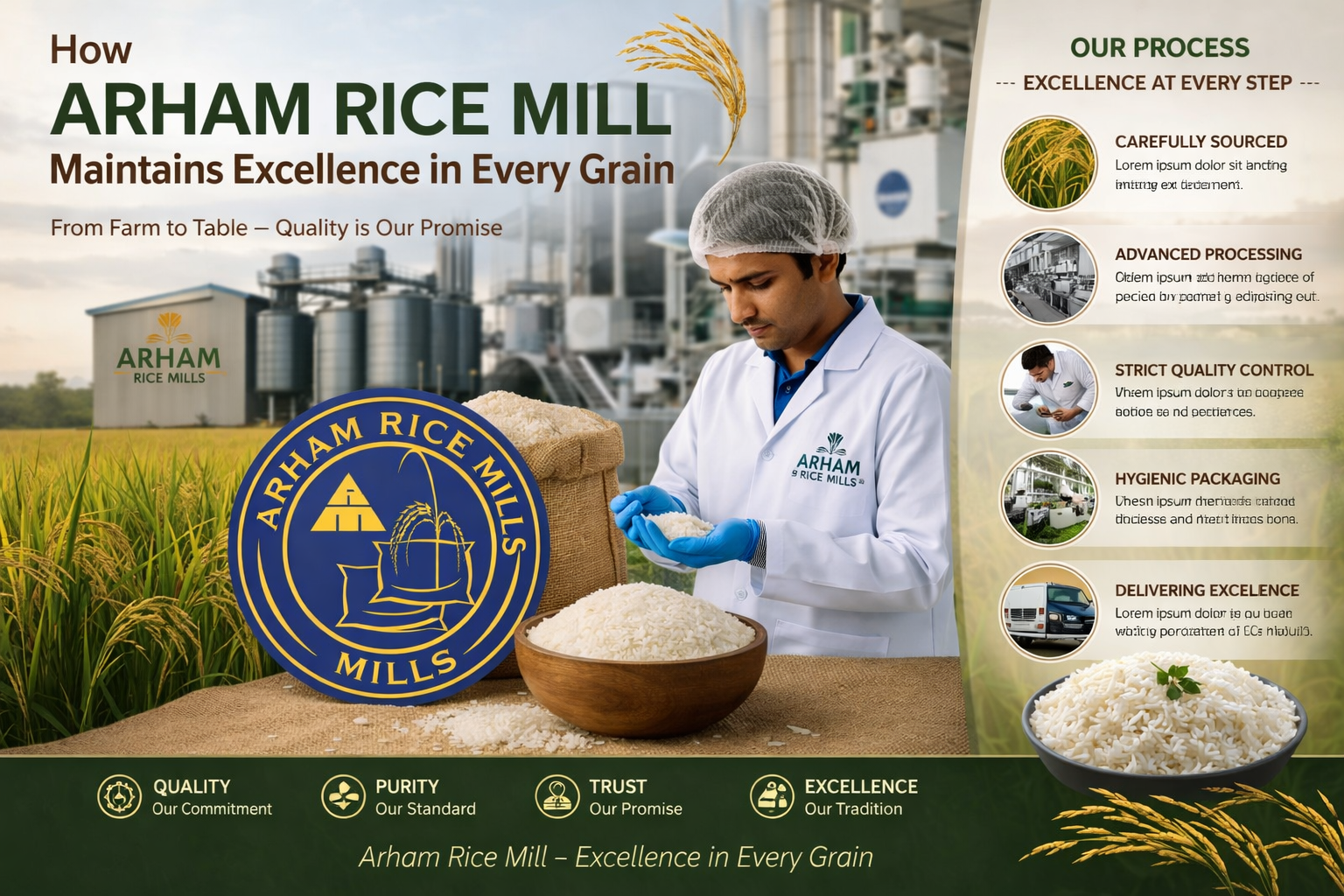 Arham Rice Mill quality process infographic showing rice inspection, processing, packaging, and excellence in every grain