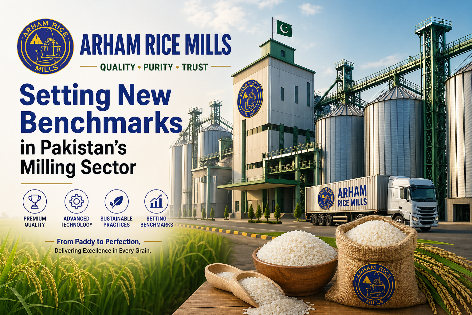 Arham Rice Mill modern facility in Pakistan showcasing advanced rice milling technology, premium rice production, and export operations