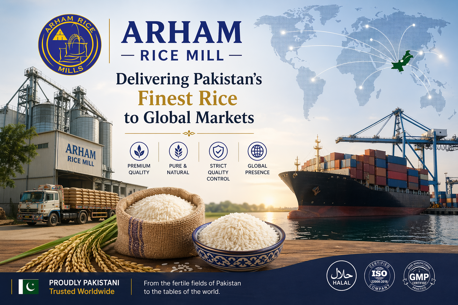 Arham Rice Mill exporting premium Pakistani rice worldwide with advanced processing, global logistics, and high-quality packaging