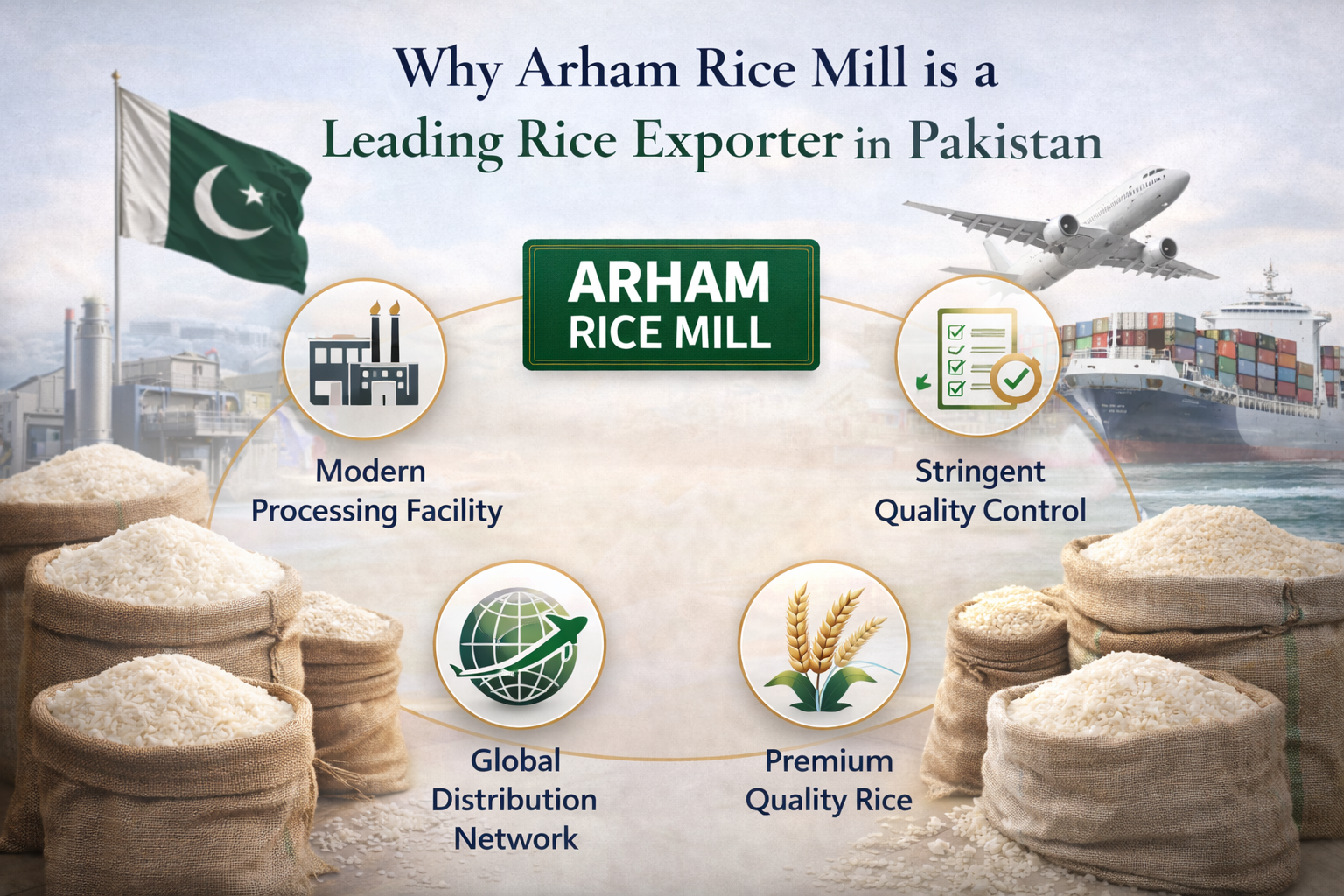 Arham Rice Mill leading rice exporter in Pakistan infographic showing quality, processing, and global distribution