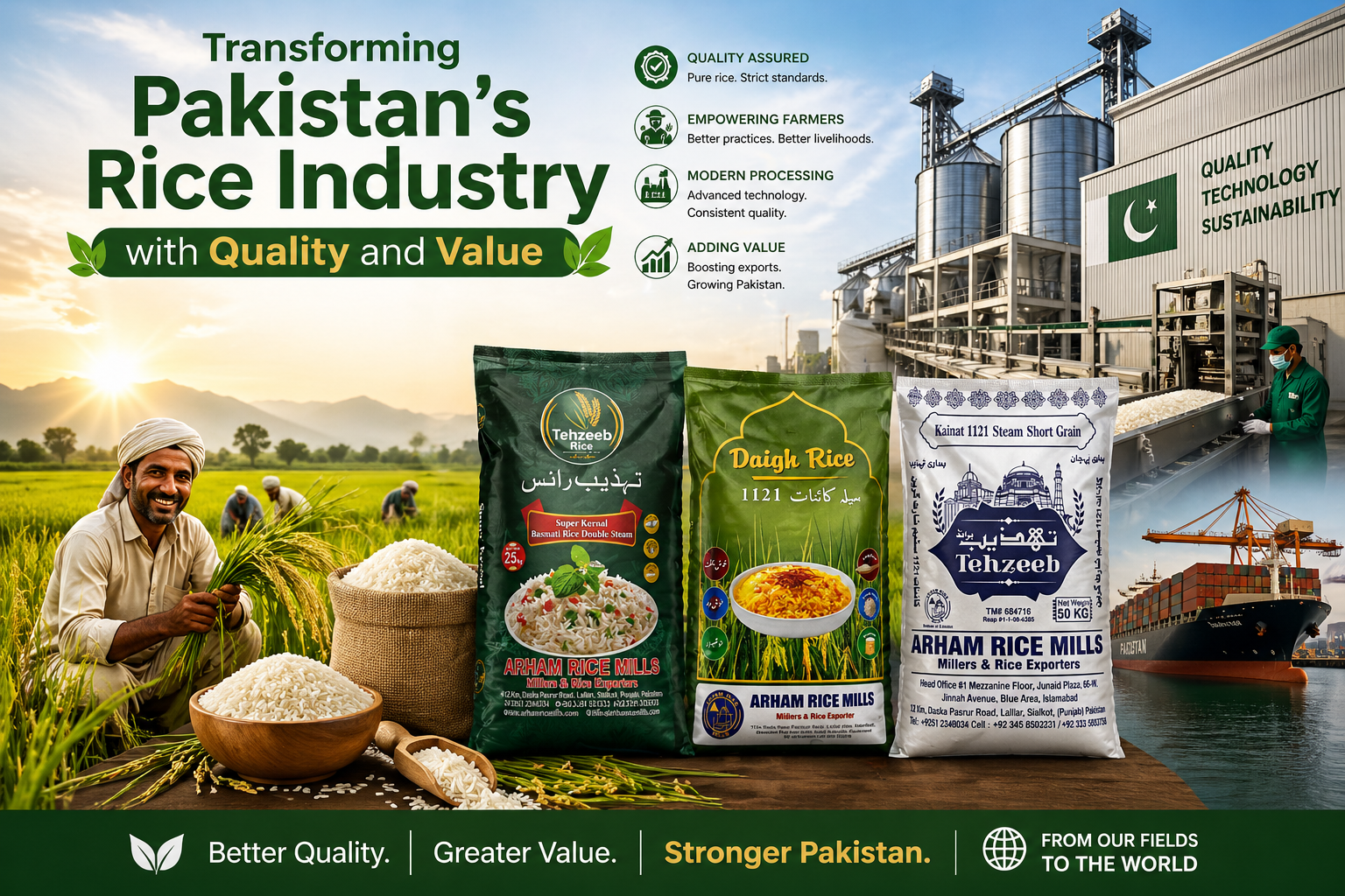 Arham Rice Mill showcasing Pakistan rice industry transformation with farmers, modern milling facility, packaged rice products, and export shipment