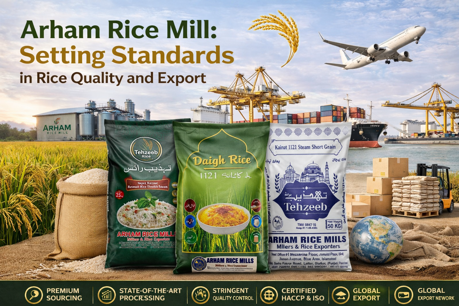 Arham Rice Mill premium rice export infographic showing packaging, global shipping, and quality standards