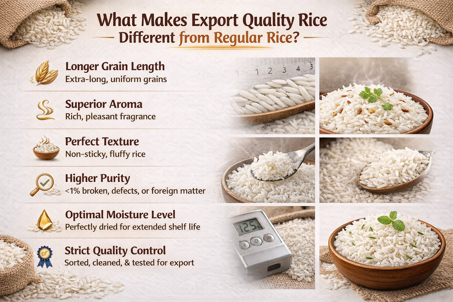 export quality rice vs regular rice comparison grain length aroma texture moisture quality control