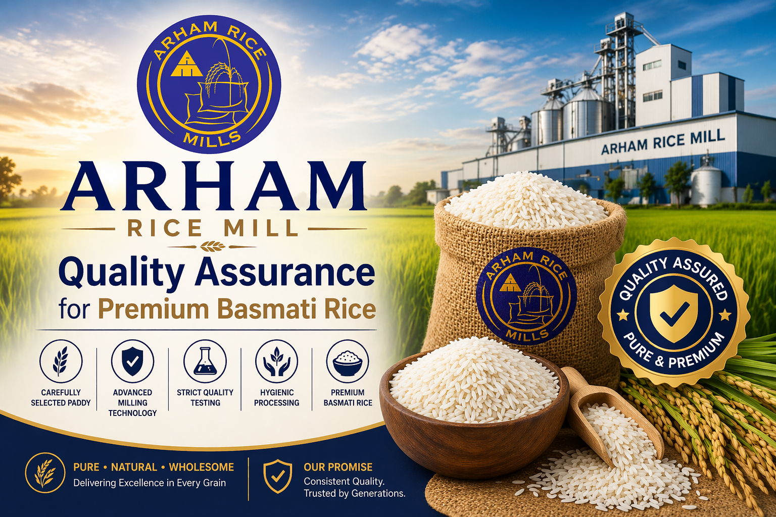 Arham Rice Mill quality assurance for premium basmati rice with modern processing and strict quality control