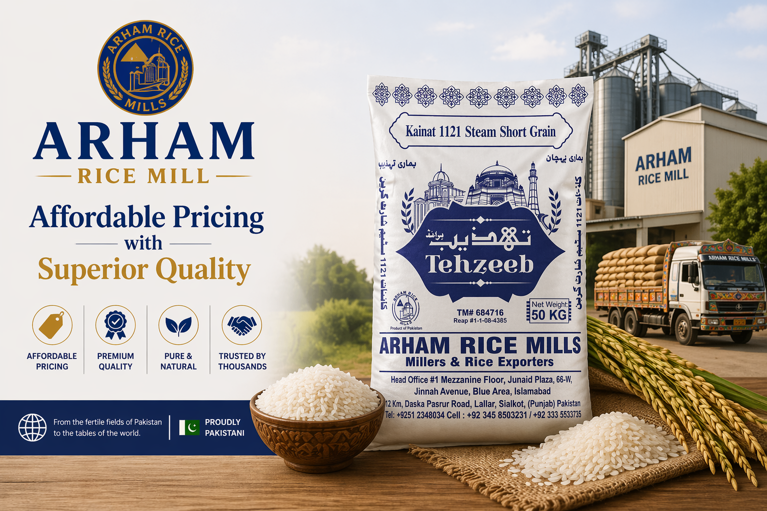Arham Rice Mill offering affordable premium basmati rice with superior quality, hygienic processing, and export-ready packaging