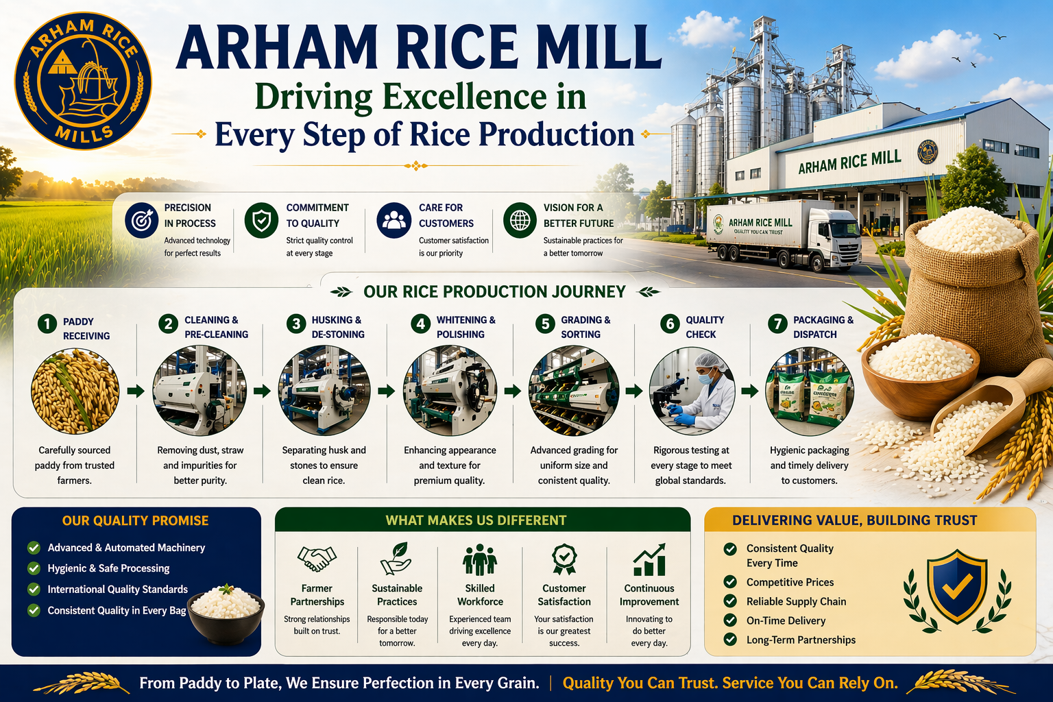 Arham Rice Mill rice production process infographic showing paddy processing, grading, quality control, and packaging steps