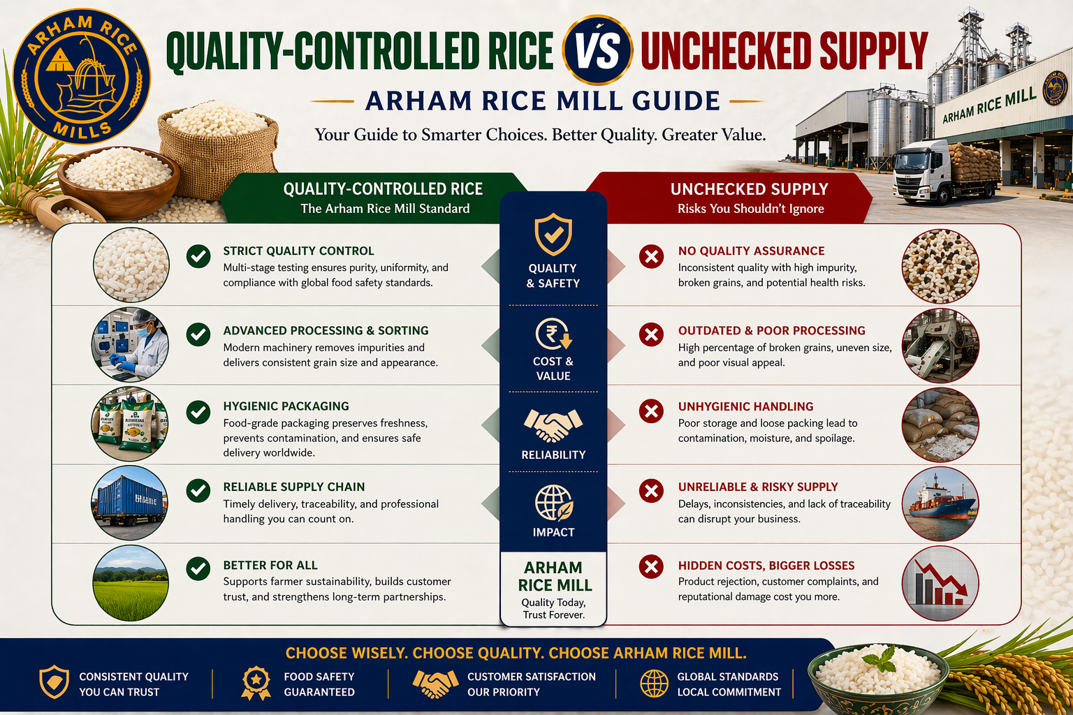 Quality-controlled rice vs unchecked supply comparison infographic showing processing, packaging, quality control, and supply differences