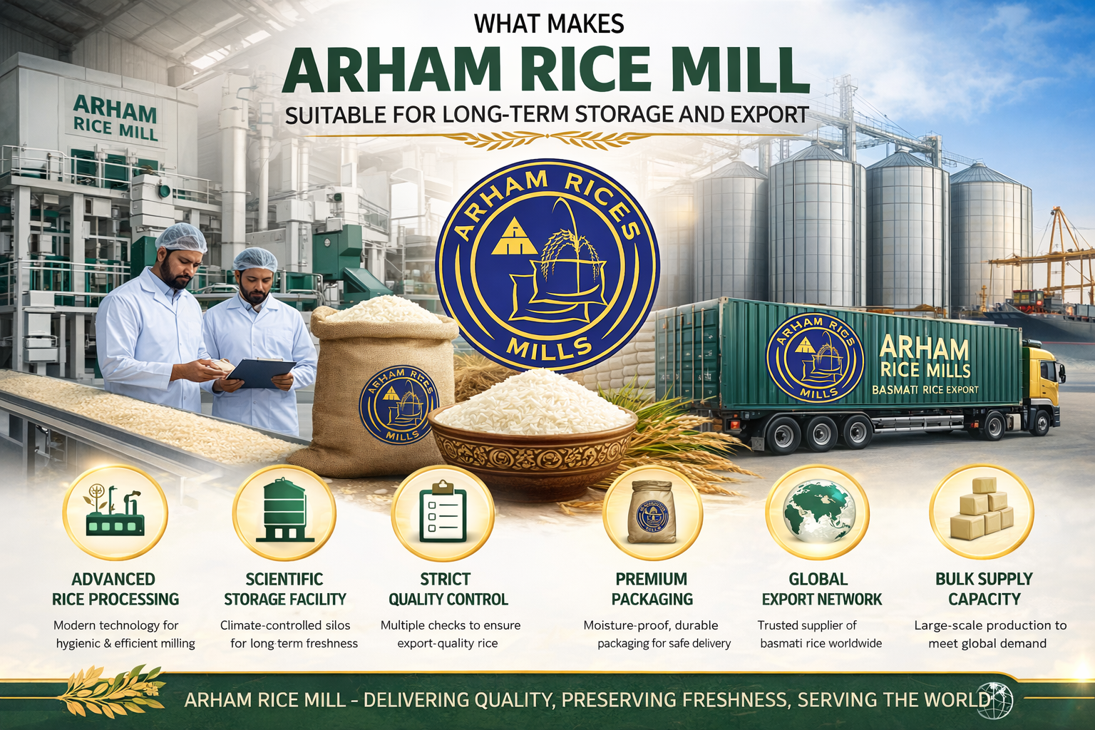 arham rice mill rice storage export quality basmati rice processing packaging global supply