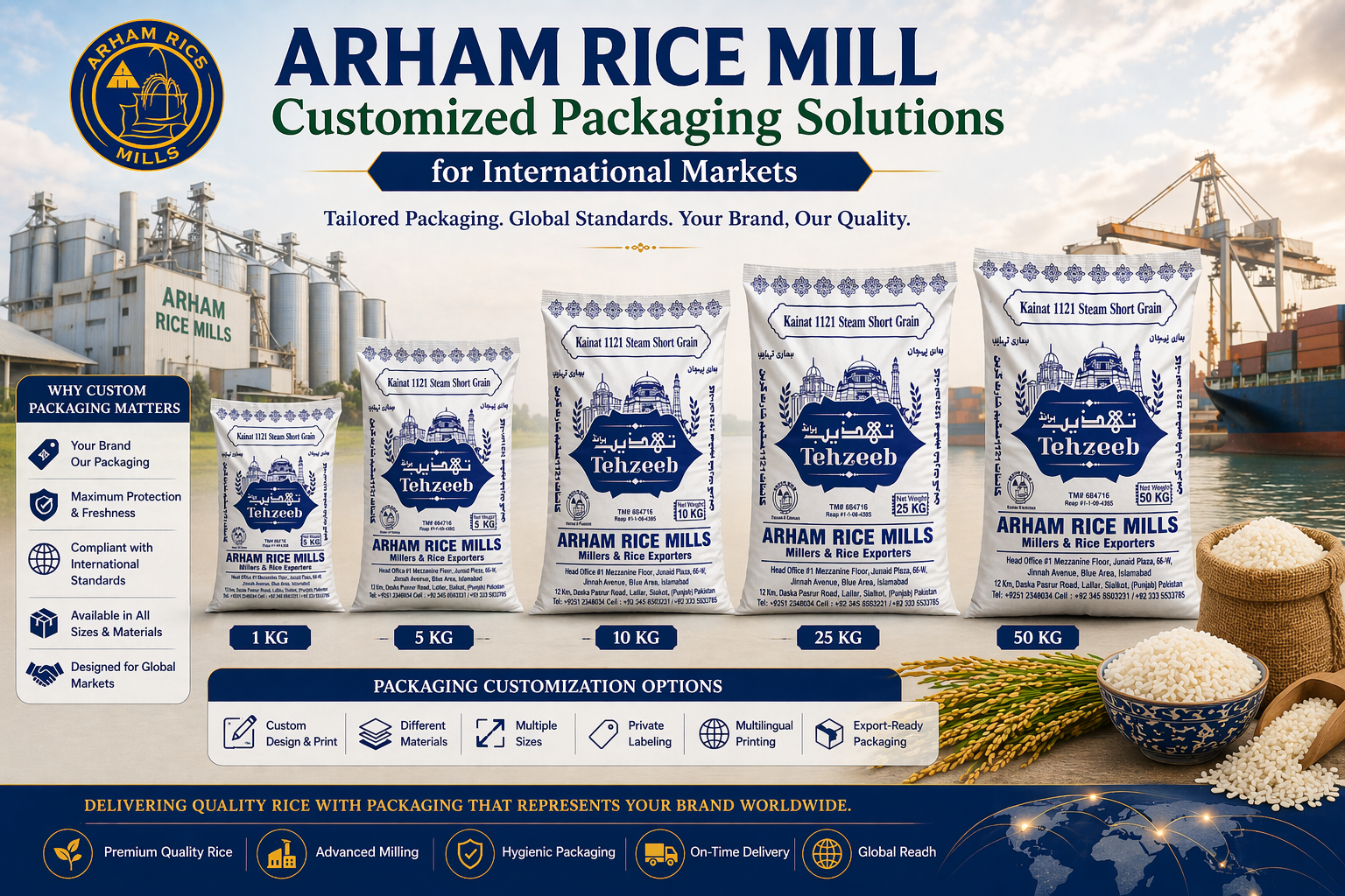 Arham Rice Mill customized rice packaging solutions showing different bag sizes for international export markets
