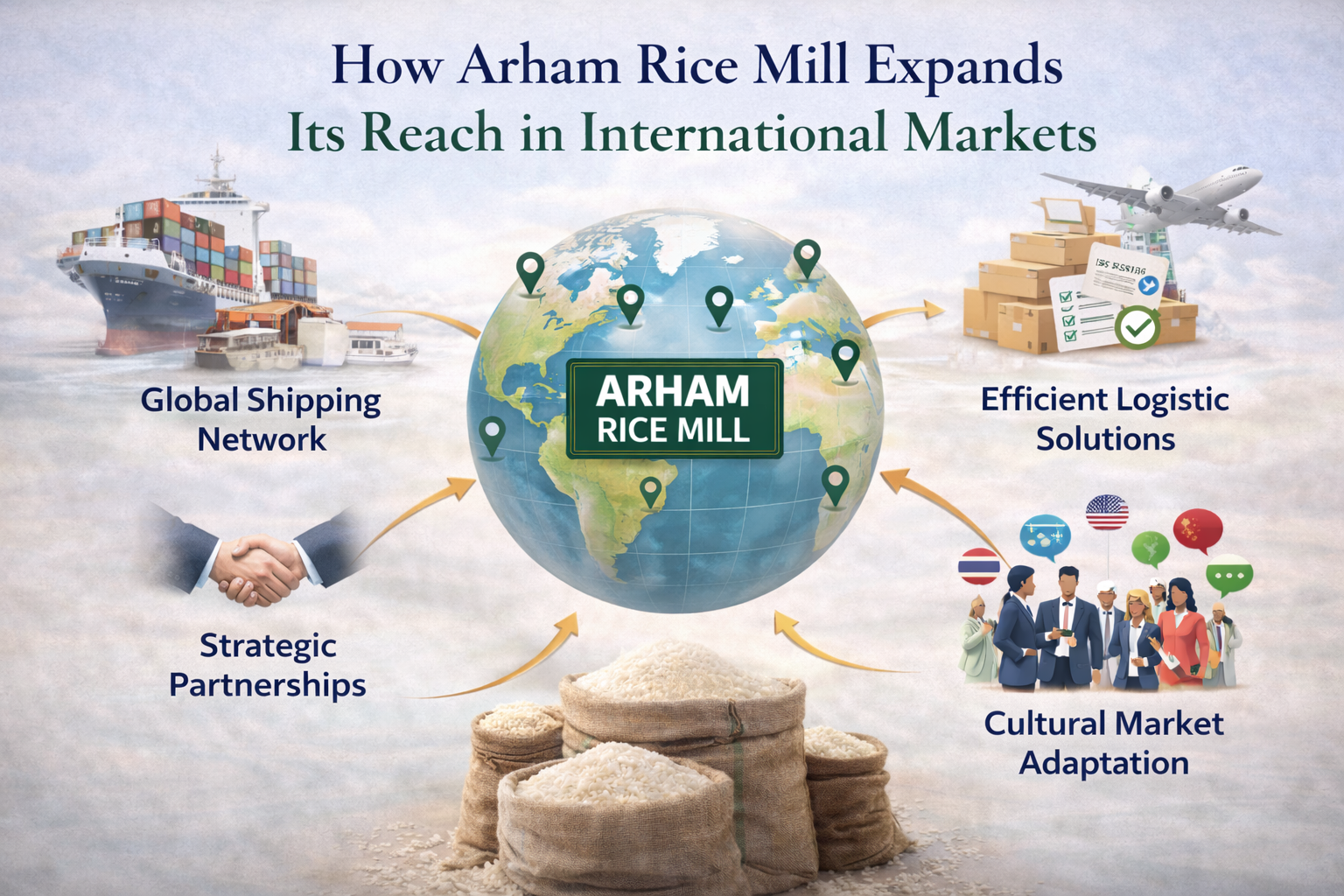 Arham Rice Mill global expansion infographic showing shipping network, logistics, partnerships, and international markets
