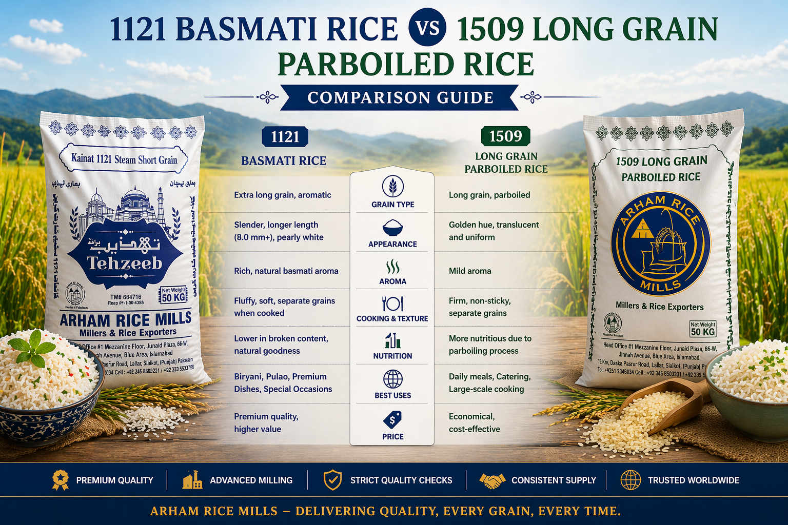 1121 basmati rice vs 1509 long grain parboiled rice comparison infographic showing grain type, texture, aroma, and usage