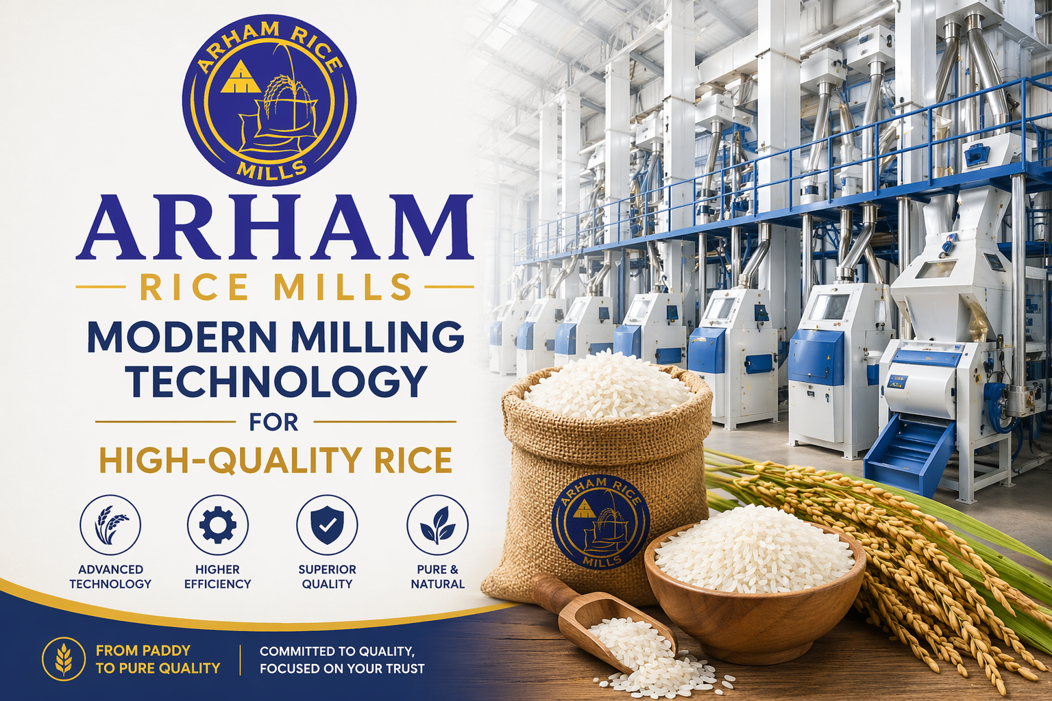 Arham Rice Mill modern milling technology facility with advanced machines producing high-quality rice