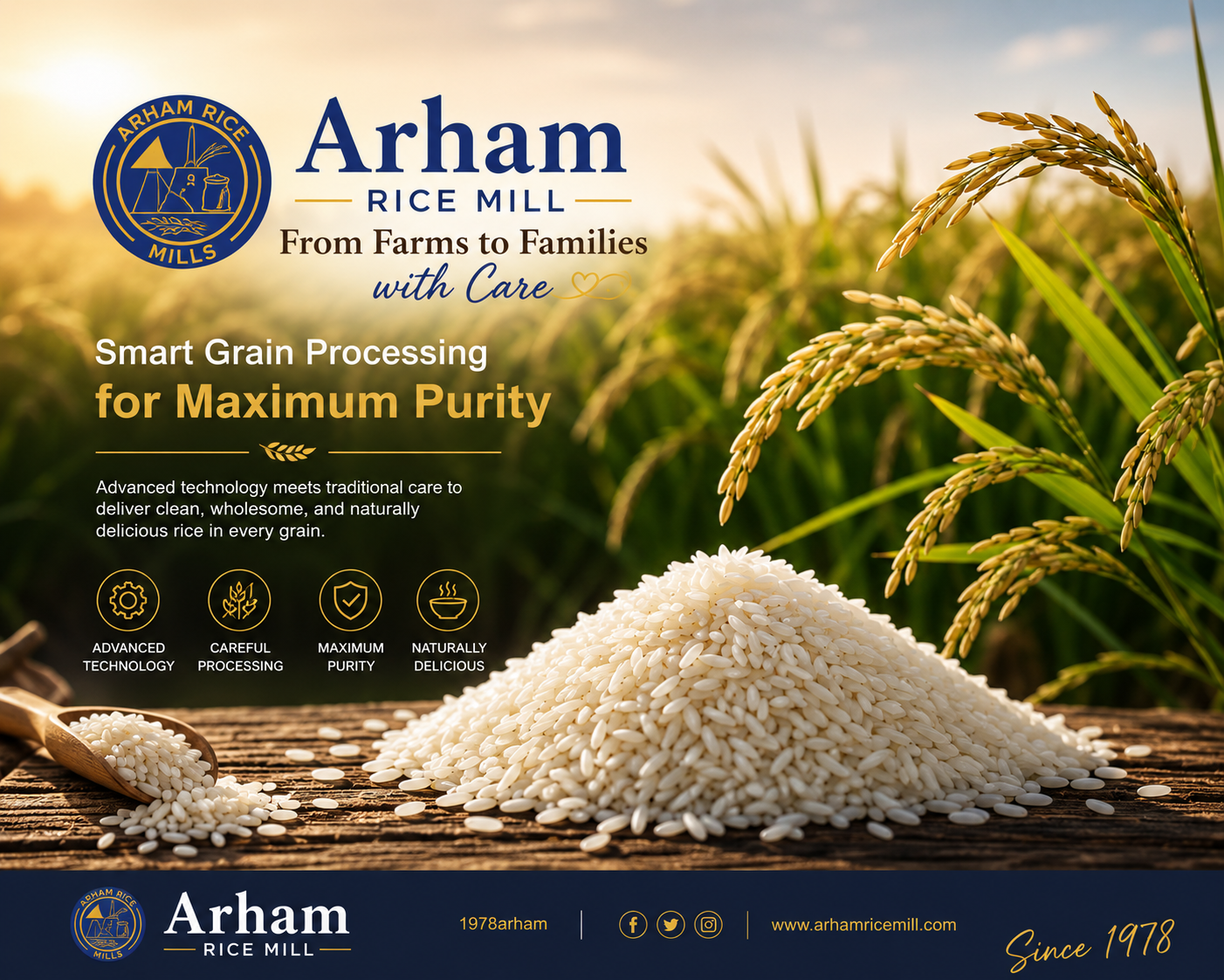 Premium white rice grains in a natural rice field with Arham Rice Mill branding highlighting smart grain processing and maximum purity