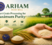 Hand holding premium rice grains in a rice field with Arham Rice Mill branding showcasing smart grain processing and maximum purity