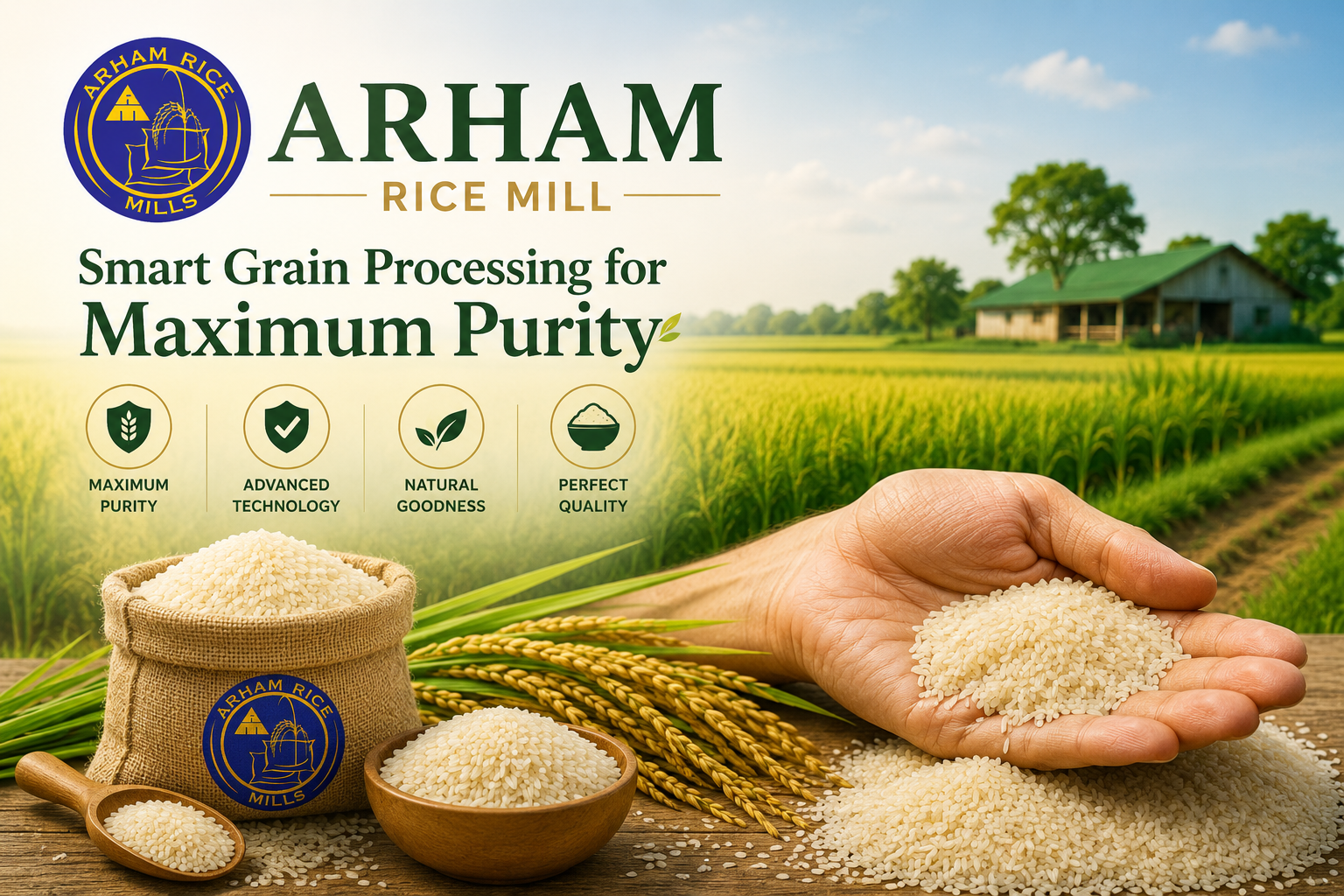 Hand holding premium rice grains in a rice field with Arham Rice Mill branding showcasing smart grain processing and maximum purity