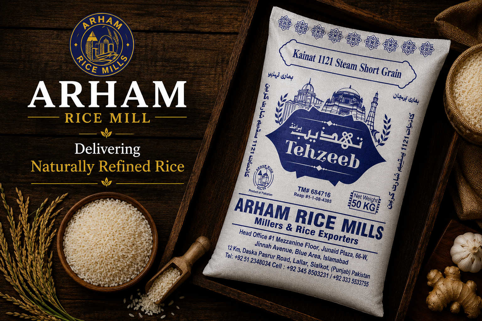 Arham Rice Mill Tehzeeb rice packaging with premium refined rice grains on a wooden background