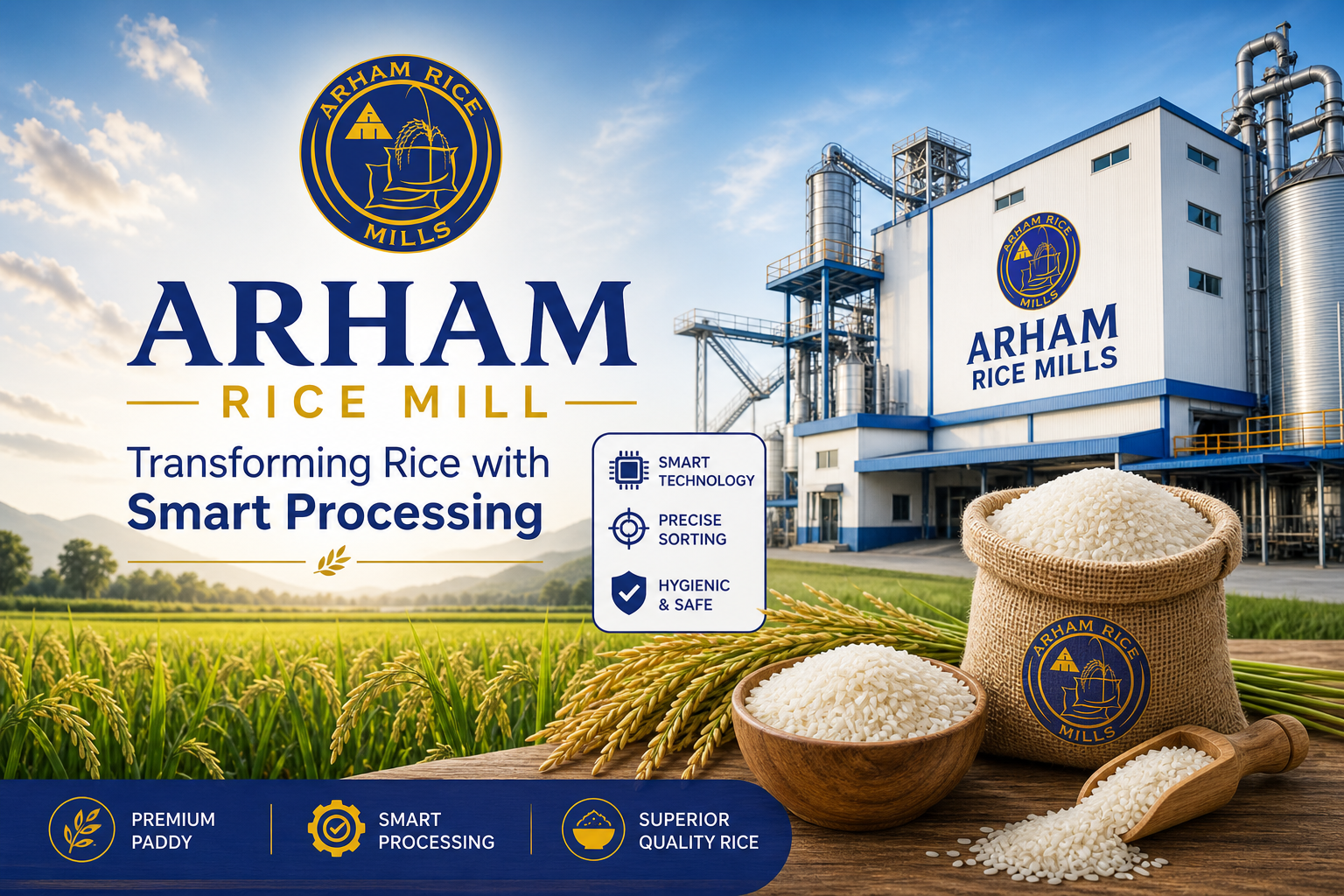 Arham Rice Mill smart rice processing facility with modern technology, premium rice grains, and advanced milling plant in Pakistan