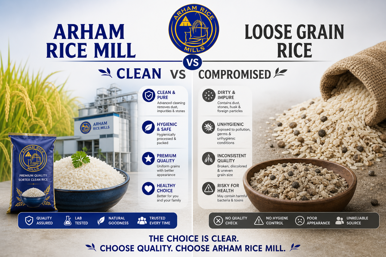 Comparison between Arham Rice Mill premium clean rice and loose grain rice showing quality, hygiene, and impurity differences