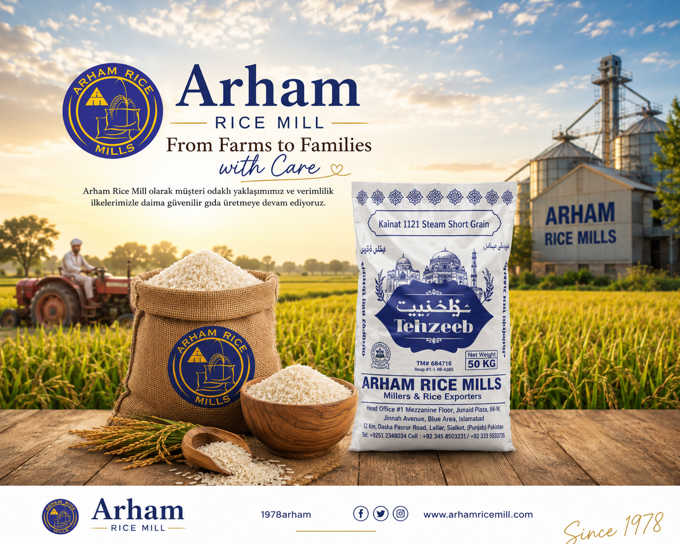 Arham Rice Mill premium rice packaging displayed in rice fields with modern rice mill and farm background